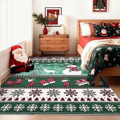 Garvee Christmas Area Rug Festive Snowflake Snowman & Reindeer Print Washable Non Slip Rug for Home