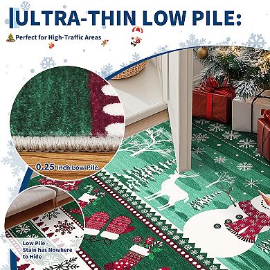 Garvee Christmas Area Rug Festive Snowflake Snowman & Reindeer Print Washable Non Slip Rug for Home