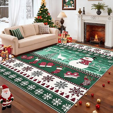 Garvee Christmas Area Rug Festive Snowflake Snowman & Reindeer Print Washable Non Slip Rug for Home
