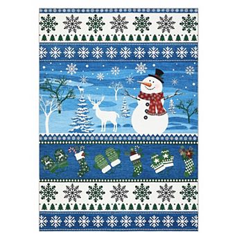 Garvee Christmas Area Rug Festive Snowflake Snowman & Reindeer Print Washable Non Slip Rug for Home