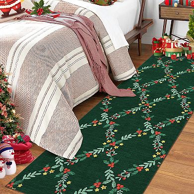 Garvee Christmas Machine Washable Area Rug with Festive Botanical Pattern Low Pile Non Slip Mat