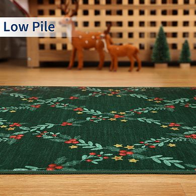Garvee Christmas Machine Washable Area Rug with Festive Botanical Pattern Low Pile Non Slip Mat