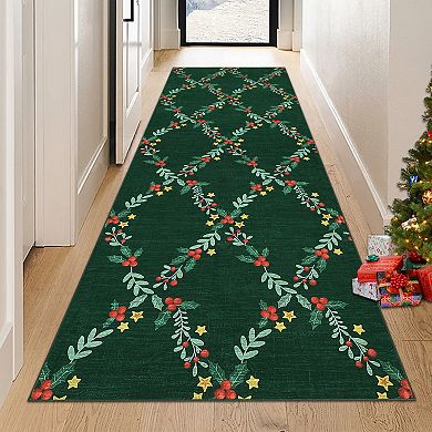 Garvee Christmas Machine Washable Area Rug with Festive Botanical Pattern Low Pile Non Slip Mat