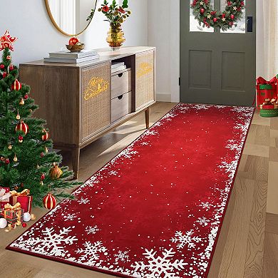 Garvee Snowflake Xmas Area Rug Solid Color Washable Low Pile Non Slip Rug for Festive Home Decor