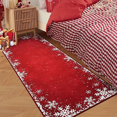 Garvee Snowflake Xmas Area Rug Solid Color Washable Low Pile Non Slip Rug for Festive Home Decor