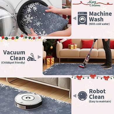 Garvee Snowflake Xmas Area Rug Solid Color Washable Low Pile Non Slip Rug for Festive Home Decor