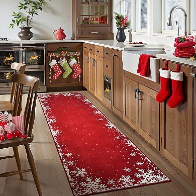 Garvee Snowflake Xmas Area Rug Solid Color Washable Low Pile Non Slip Rug for Festive Home Decor