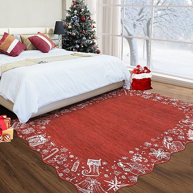 Garvee Christmas Rug with Scalloped Border Ultra-Thin Machine Washable Low Pile Holiday Floor Mat