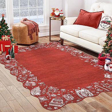 Garvee Christmas Rug with Scalloped Border Ultra-Thin Machine Washable Low Pile Holiday Floor Mat