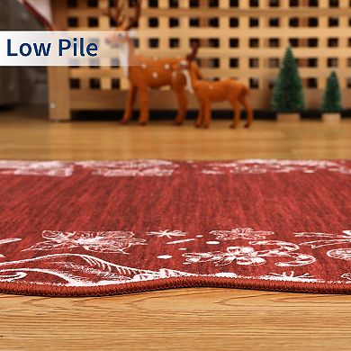 Garvee Christmas Rug with Scalloped Border Ultra-Thin Machine Washable Low Pile Holiday Floor Mat