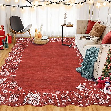 Garvee Christmas Rug with Scalloped Border Ultra-Thin Machine Washable Low Pile Holiday Floor Mat