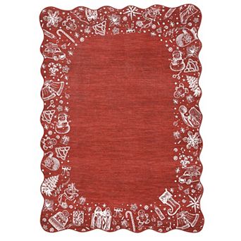 Garvee Christmas Rug with Scalloped Border Ultra-Thin Machine Washable Low Pile Holiday Floor Mat