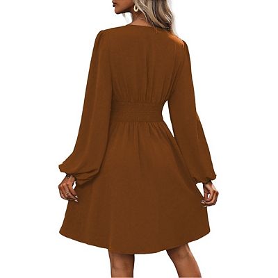 Women Mini Deep V Neck Long Sleeve Dress A-Line High Waist Casual Dress for  Cocktail Wedding Guest