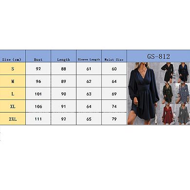 Women Mini Deep V Neck Long Sleeve Dress A-Line High Waist Casual Dress for Cocktail Wedding Guest
