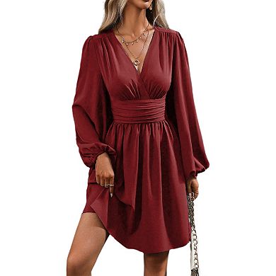 Women Mini Deep V Neck Long Sleeve Dress A-Line High Waist Casual Dress for Cocktail Wedding Guest