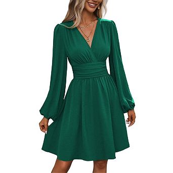 Women Mini Deep V Neck Long Sleeve Dress A-Line High Waist Casual Dress for Cocktail Wedding Guest