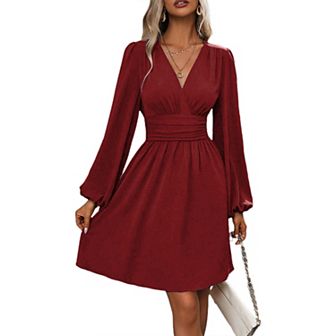 Women Mini Deep V Long Sleeve Dress A-Line High Waist Casual Dress for Cocktail Wedding Guest