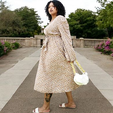 Women's Plus Size Long Sleeve Floral Wrap Midi Dress