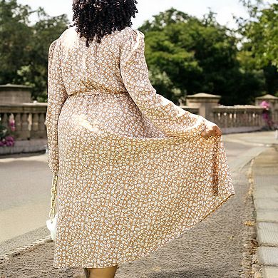Women's Plus Size Long Sleeve Floral Wrap Midi Dress