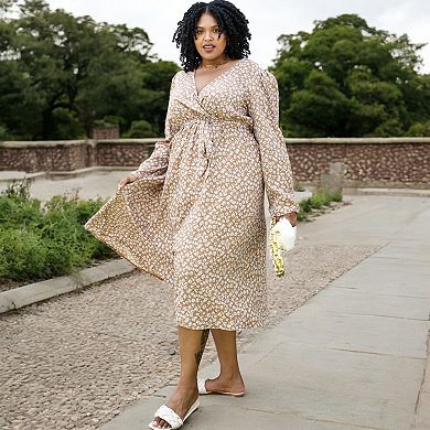 Women's Plus Size Long Sleeve Floral Wrap Midi Dress