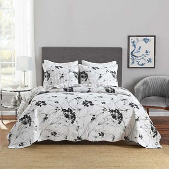 Marcielo 3 pc Polyester Black and White Botanical Floral Quilt Bedspread