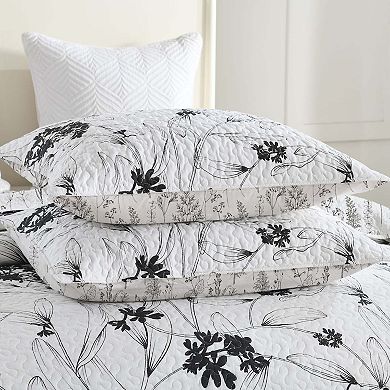 Marcielo 3-Piece Polyester Black and White Botanical Floral Quilt Bedspread