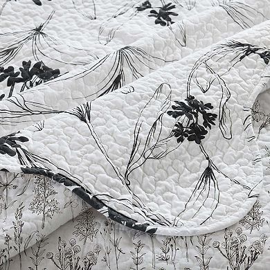 Marcielo 3-Piece Polyester Black and White Botanical Floral Quilt Bedspread