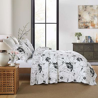 Marcielo 3-Piece Polyester Black and White Botanical Floral Quilt Bedspread