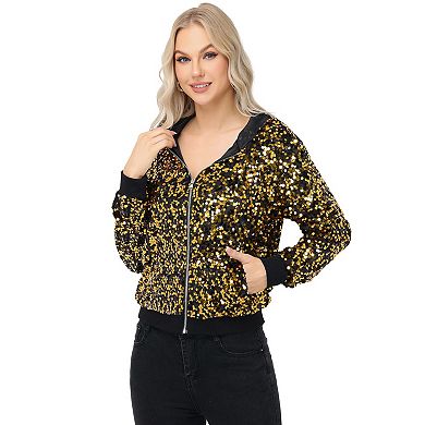 Women's Zip-Up Hoodie Jacket with Allover Sequin Embellishments and Ribbed Trim