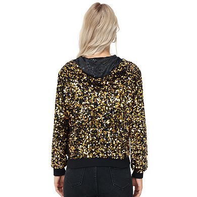 Women's Zip-Up Hoodie Jacket with Allover Sequin Embellishments and Ribbed Trim
