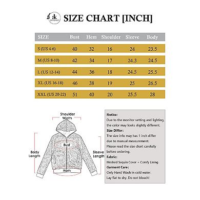 Women's Zip-Up Hoodie Jacket with Allover Sequin Embellishments and Ribbed Trim