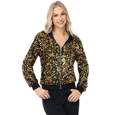 Women's Zip-Up Hoodie Jacket with Allover Sequin Embellishments and Ribbed Trim