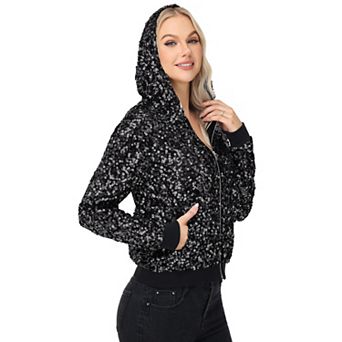 Women's Zip-Up Hoodie Jacket with Allover Sequin Embellishments and Ribbed Trim