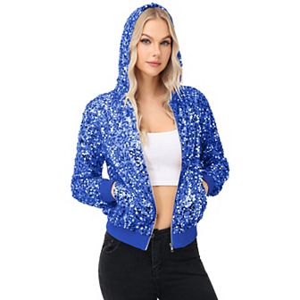 Women's Zip-Up Hoodie Jacket with Allover Sequin Embellishments and Ribbed Trim