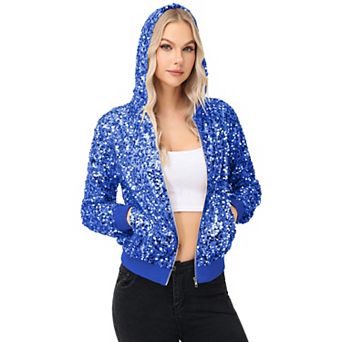 Women's Zip-Up Hoodie Jacket with Allover Sequin Embellishments and Ribbed Trim