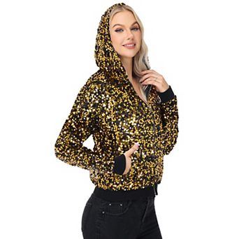Women's Zip-Up Hoodie Jacket with Allover Sequin Embellishments and Ribbed Trim