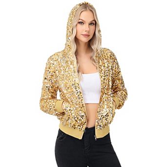 Women's Zip-Up Hoodie Jacket with Allover Sequin Embellishments and Ribbed Trim
