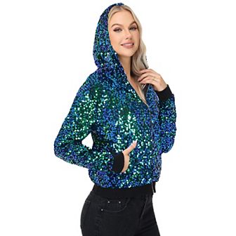 Women's Zip-Up Hoodie Jacket with Allover Sequin Embellishments and Ribbed Trim