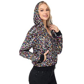 Women's Zip-Up Hoodie Jacket with Allover Sequin Embellishments and Ribbed Trim