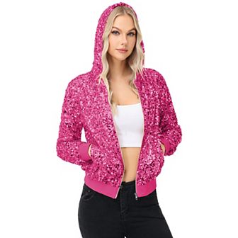 Women's Zip-Up Hoodie Jacket with Allover Sequin Embellishments and Ribbed Trim