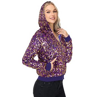 Women's Zip-Up Hoodie Jacket with Allover Sequin Embellishments and Ribbed Trim