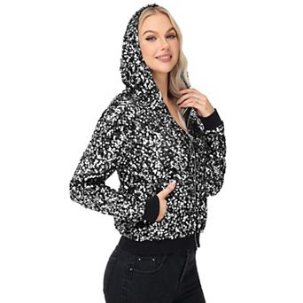 Women's Zip-Up Hoodie Jacket with Allover Sequin Embellishments and Ribbed Trim