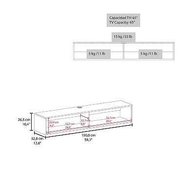 Warrior 59" Floating Tv Stand With Two Open Shelves, Media Compartments And Cable Management