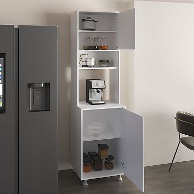 Antares Kitchen Pantry Cabinet With Two Doors, Open Middle Shelf And Upper Storage