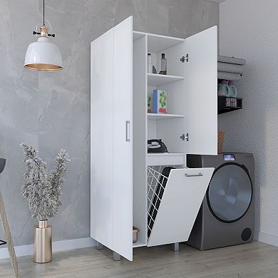 Iris 71" High Two-Door Broom Bathroom and Laundry Storage Cabinet With Hamper, Four Shelves.