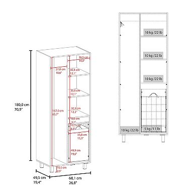 Iris 71" High Two-Door Broom Bathroom and Laundry Storage Cabinet With Hamper, Four Shelves.