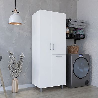 Iris 71" High Two-Door Broom Bathroom and Laundry Storage Cabinet With Hamper, Four Shelves.