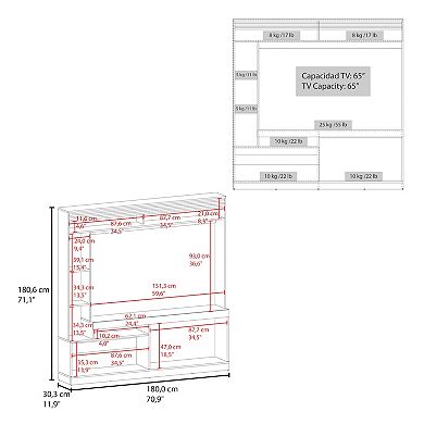 Dante 71" Wide Freestanding Entertainment Center, Tv Stand , 8 Shelves, Bookcase, Cabinet.