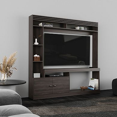 Dante 71" Wide Freestanding Entertainment Center, Tv Stand , 8 Shelves, Bookcase, Cabinet.