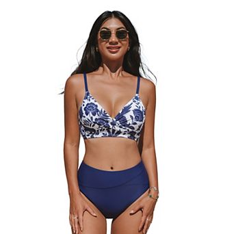 Women's Cupshe 2 pc Floral Twist Front Swim Top & High Waist Bikini Swim Bottoms Set